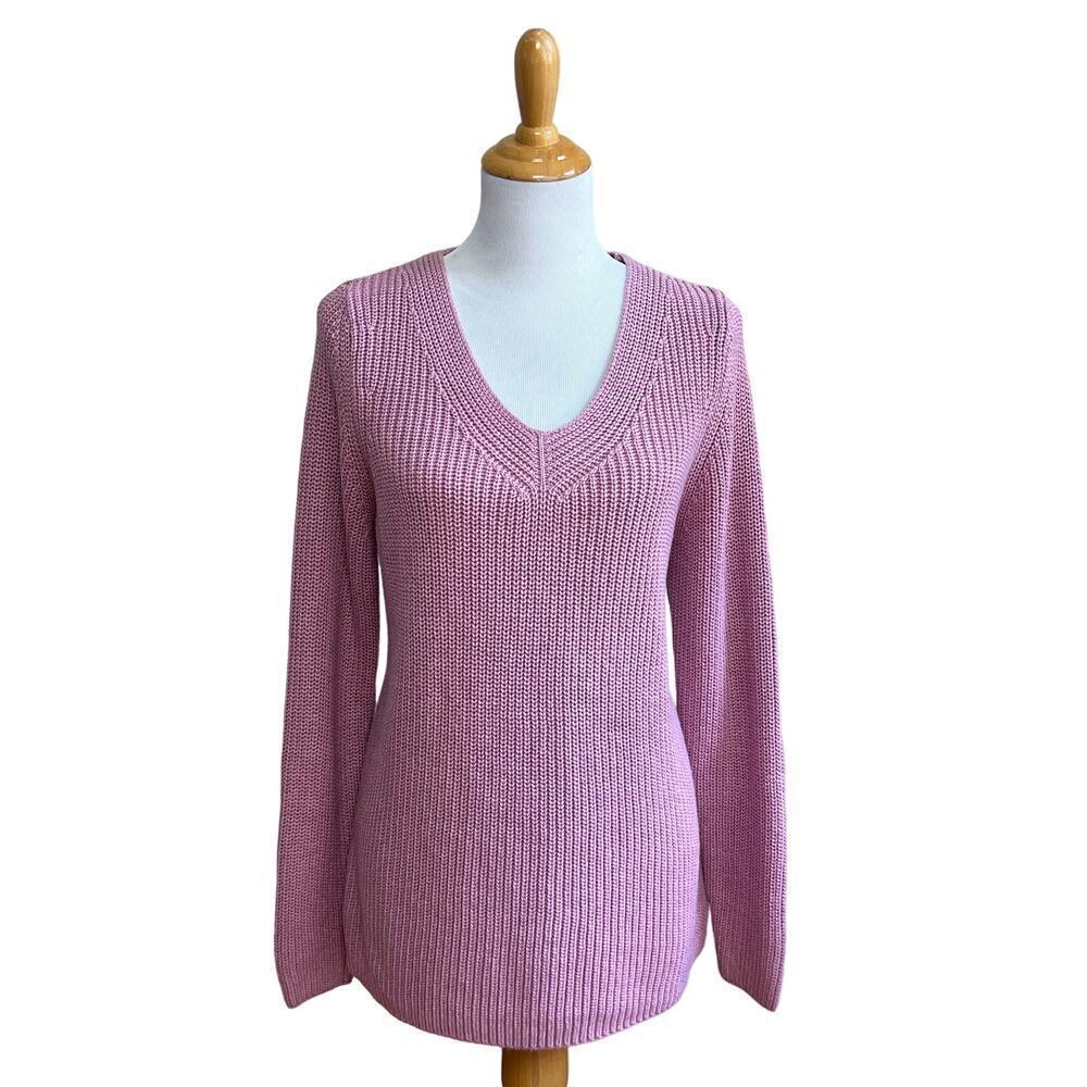 LLBean Cotton Chunky Oversized Knit Vneck Pink Cozy Sweater Womens Large Petite